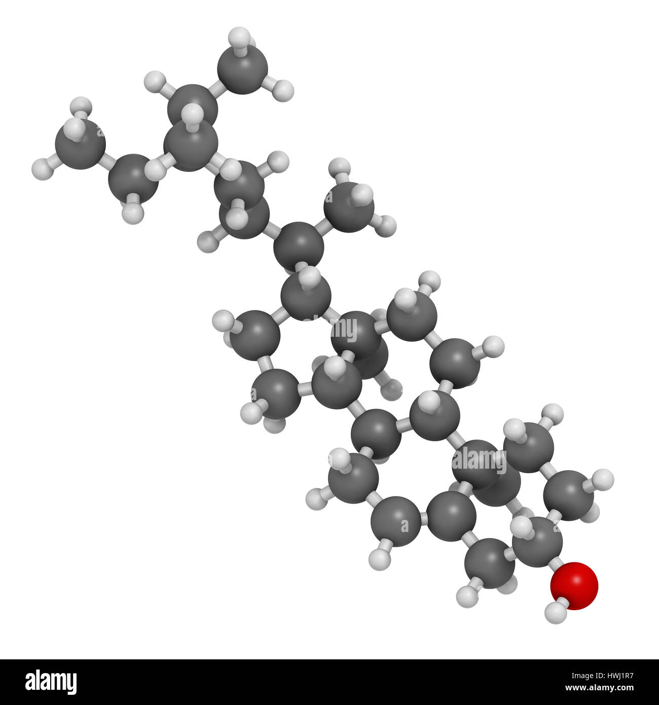 Beta-sitosterol phytosterol molecule. 3D rendering.  Investigated in treatment of benign prostate hyperplasia (BPH) and high cholesterol levels. Atoms Stock Photo