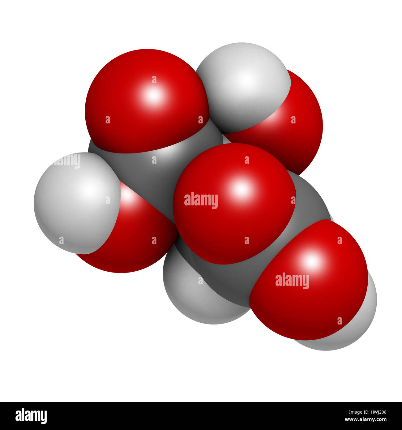 Malic acid fruit acid molecule. 3D rendering.  Present in apples, grapes, rhubarb, etc and contributes to the sour taste of these. Atoms are represent Stock Photo