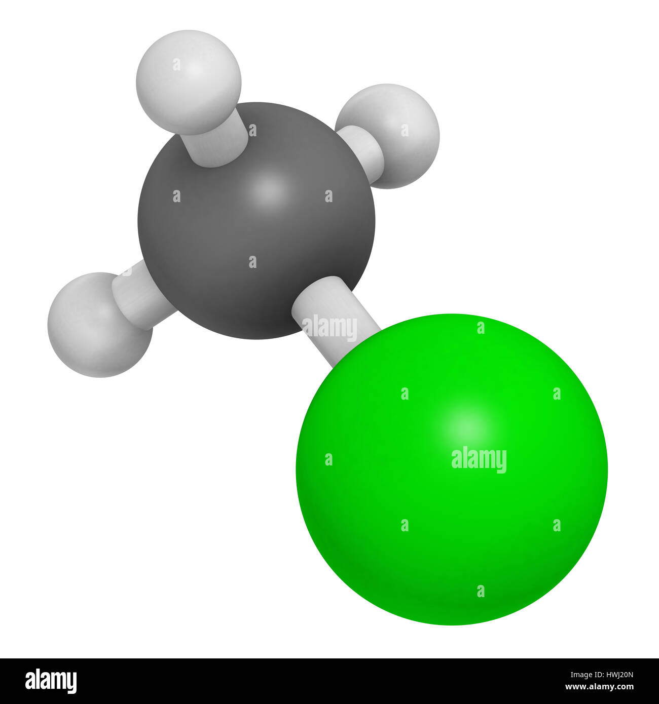 Chloromethane (methyl chloride) molecule. 3D rendering. Atoms are