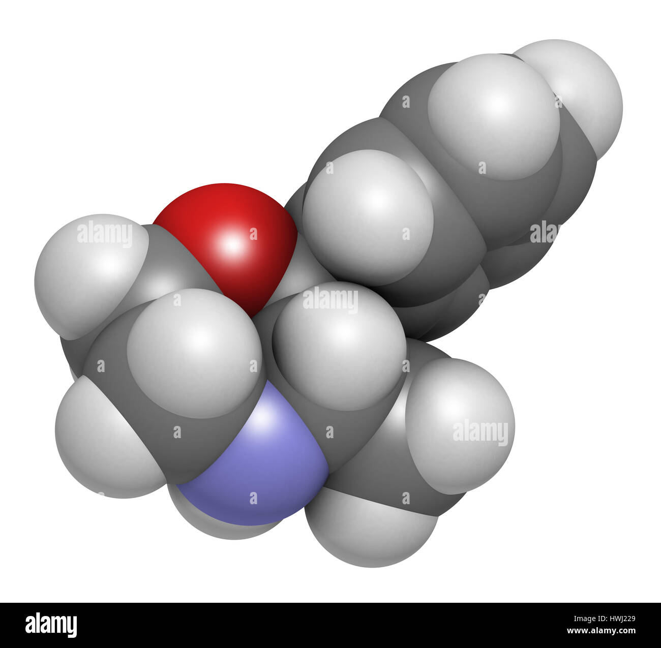 Phenmetrazine stimulant drug molecule (amphetamine class). Used as stimulant and appetite suppressant.  Atoms are represented as spheres with conventi Stock Photo