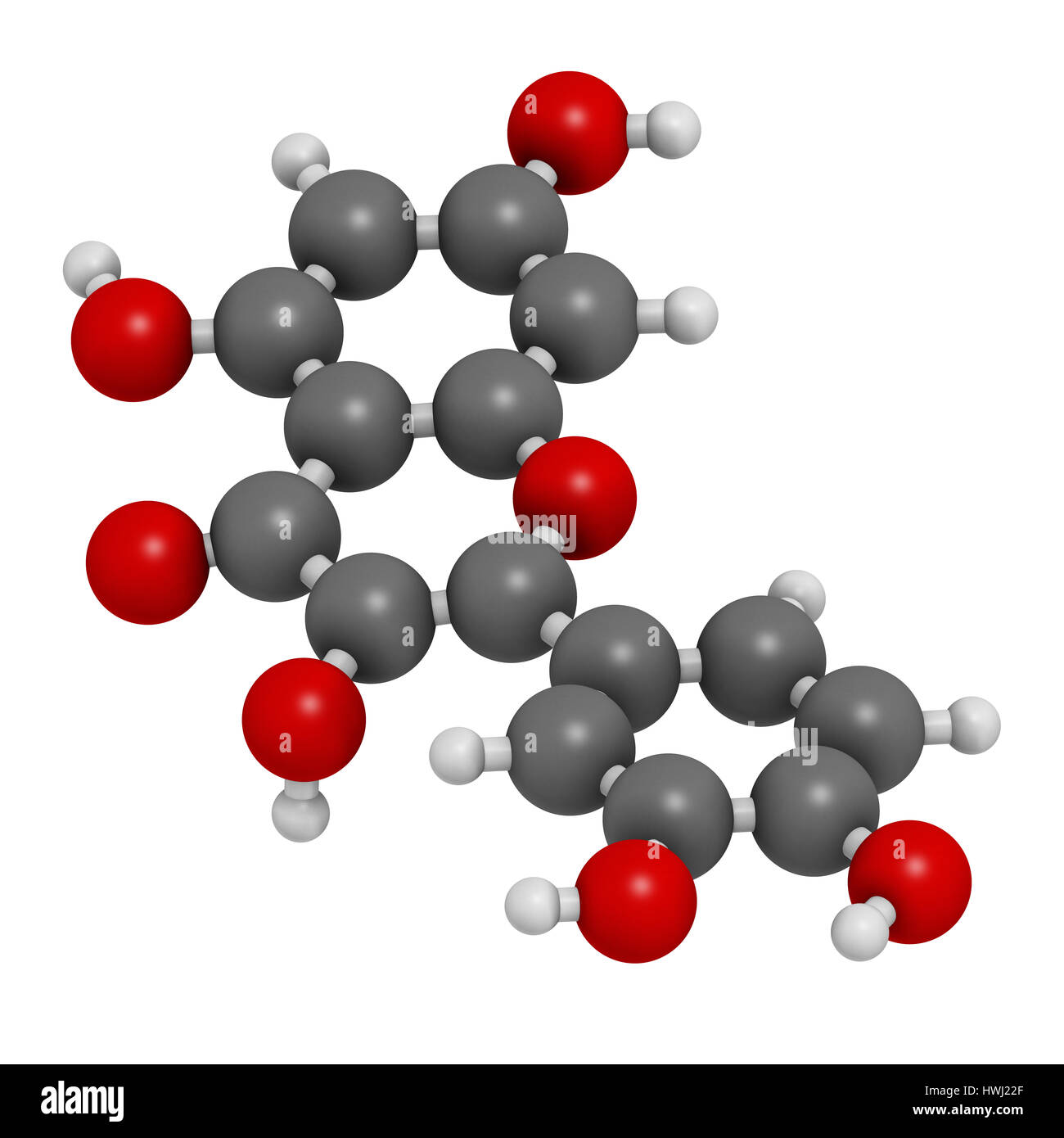 Quercetin plant molecule. 3D rendering. Atoms are represented as
