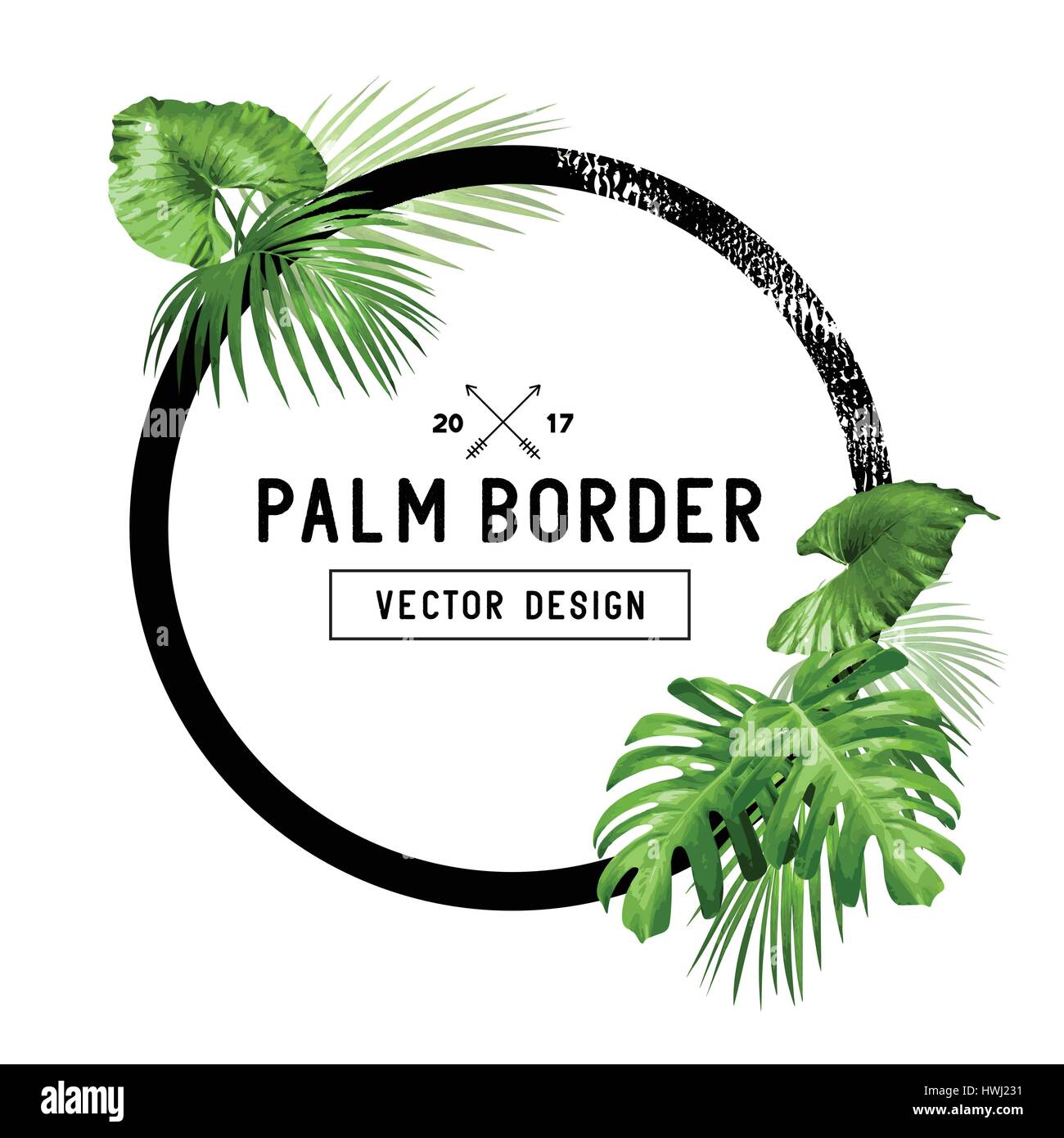 A border frame design decorated with floral tropical palm leaves with room for your message. Vector illustration Stock Vector