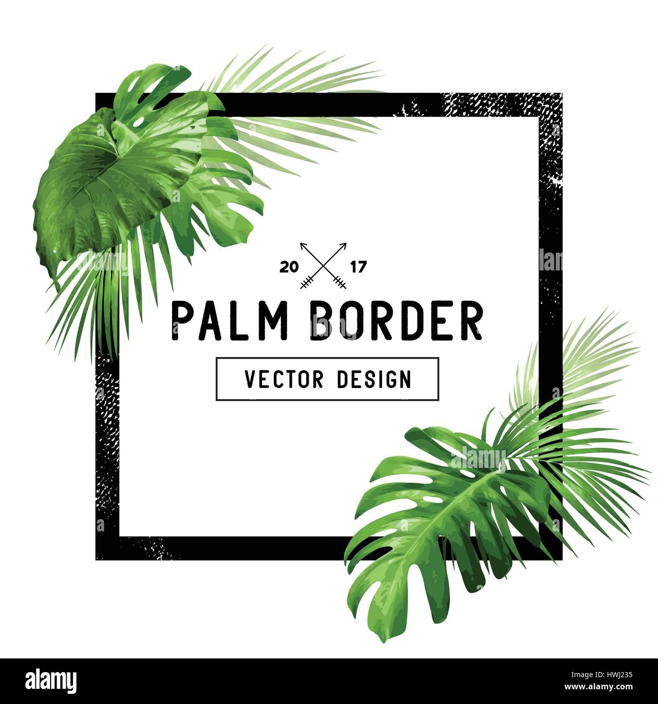 A border frame design decorated with floral tropical palm leaves with room for your message. Vector illustration Stock Vector