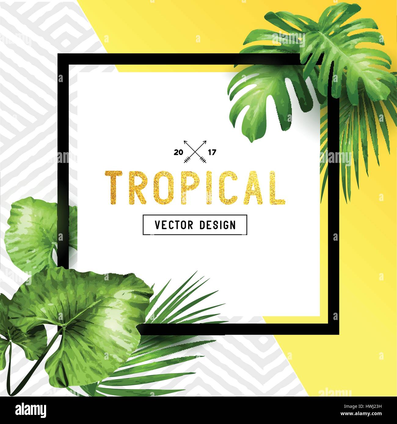 Exotic tropical summer frame with palm leaves and patterned background. Vector illustration Stock Vector