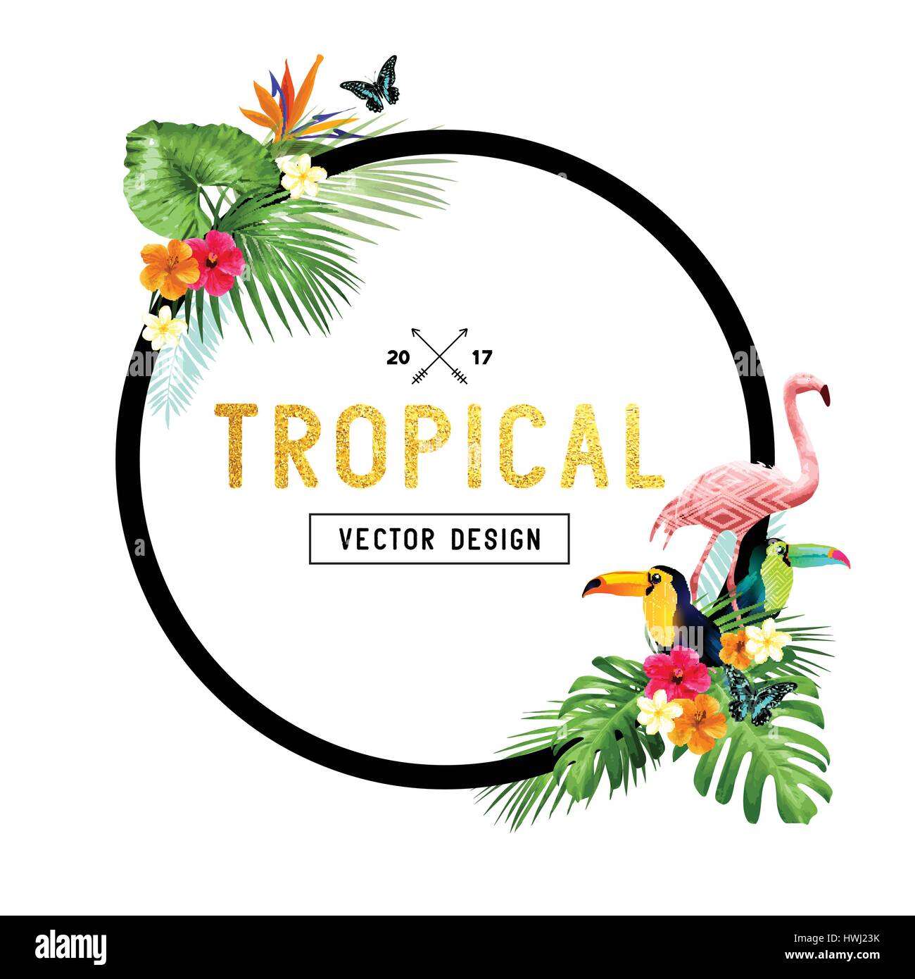 Colourful and vibrant tropical border design with flowers, palm leaves and birds. Vector illustration Stock Vector
