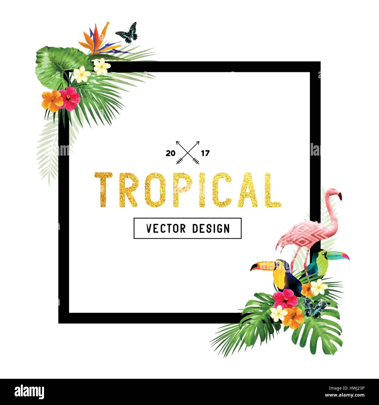 Colourful and vibrant tropical border design with flowers, palm leaves and birds. Vector illustration Stock Vector