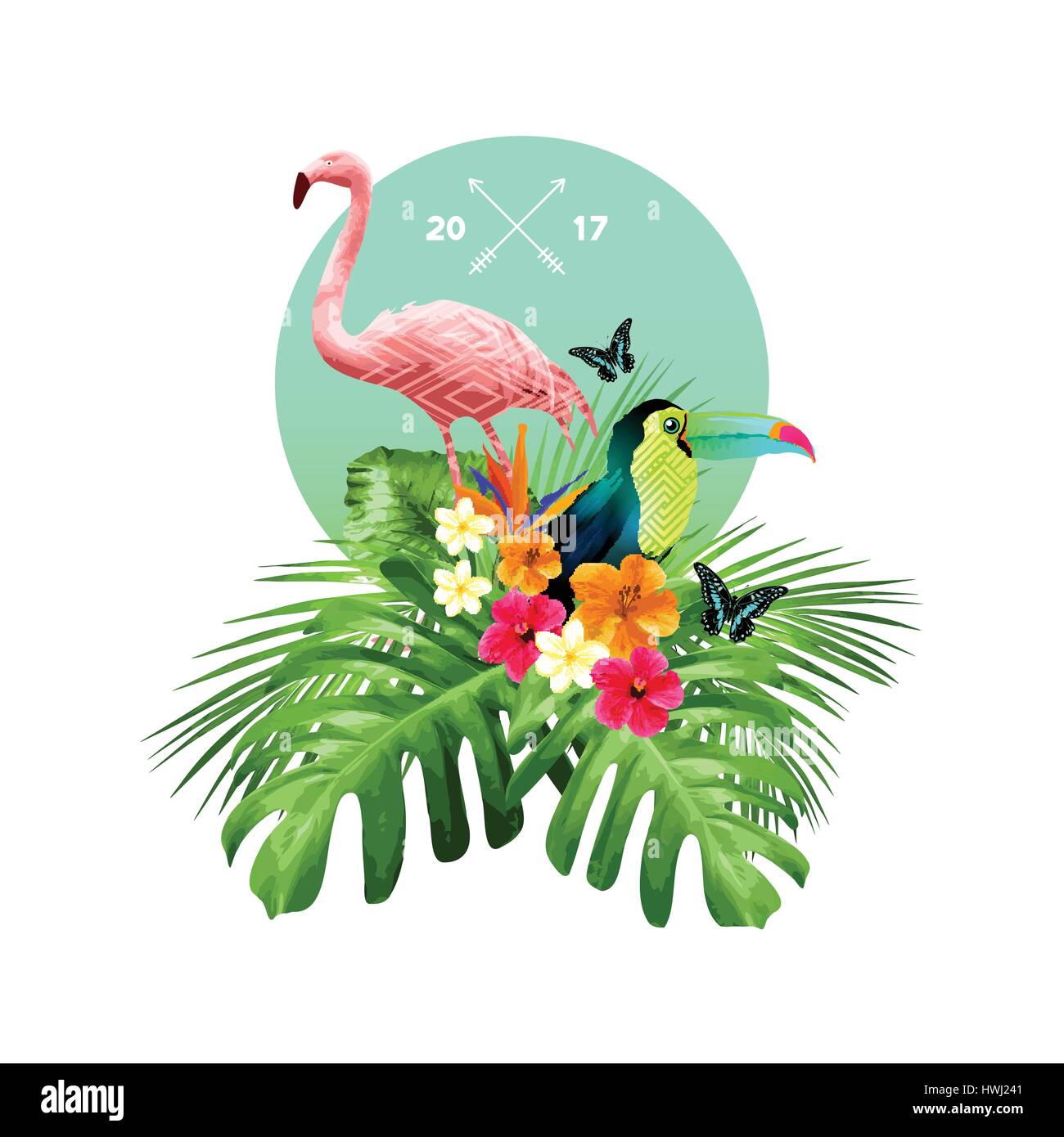 An attractive arrangement of tropical floral elements including palm leaves, birds and flowers. Vector illustration. Stock Vector
