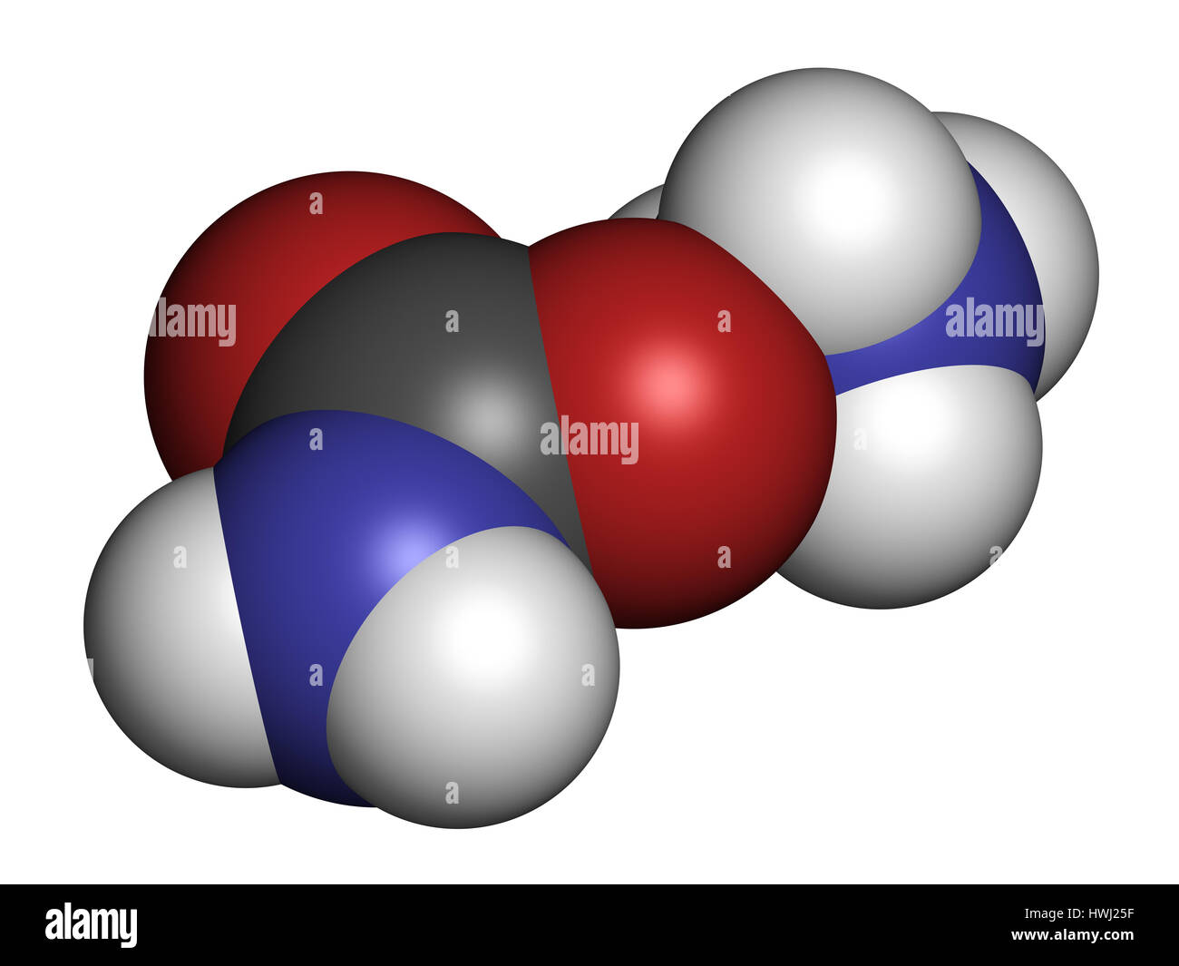 Ammonium carbamate, chemical structure. 3D rendering. Atoms are represented as spheres with conventional color coding: hydrogen (white), carbon (grey) Stock Photo