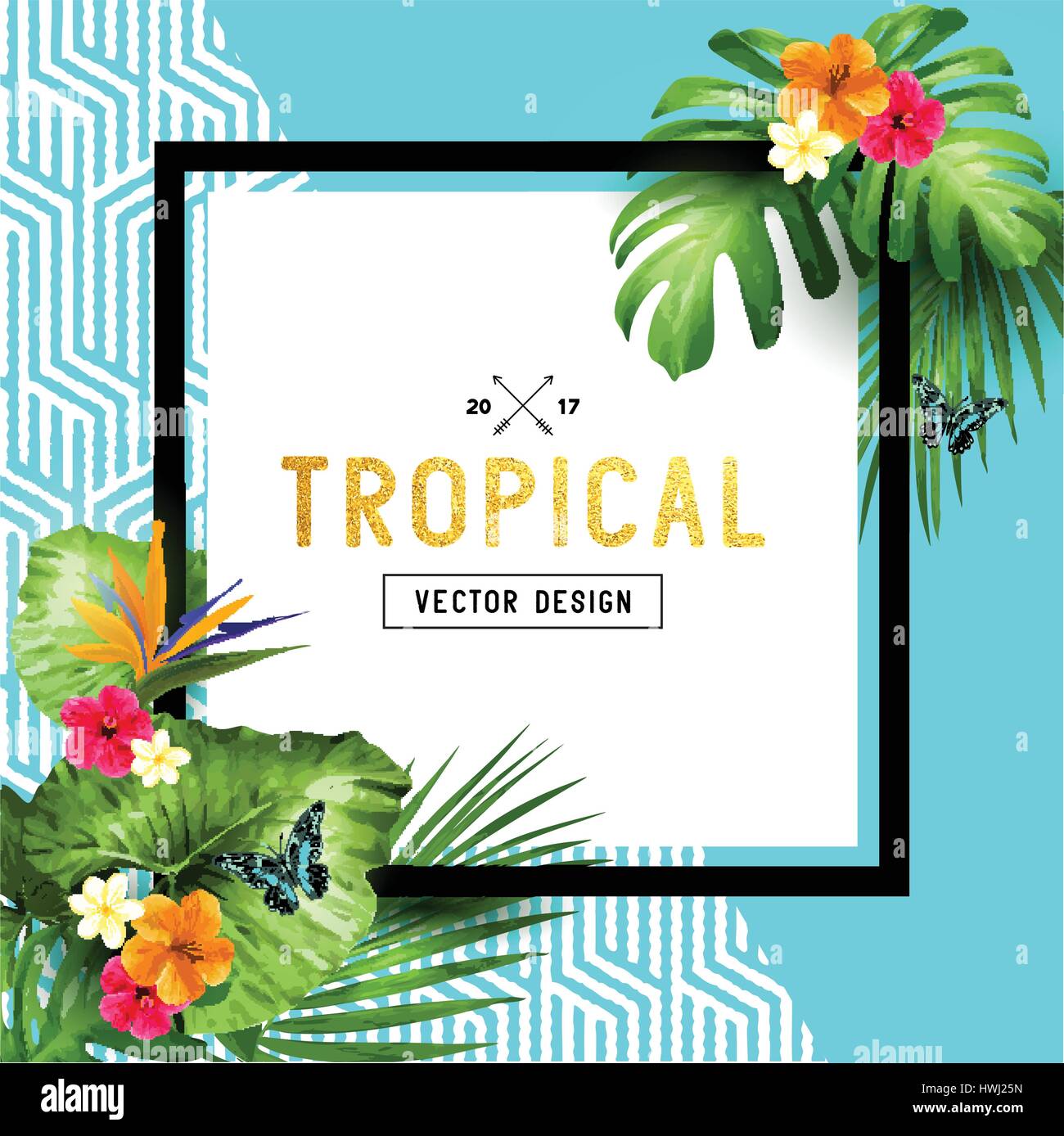 Colourful and vibrant tropical border design with flowers, palm leaves and butterflies. Vector illustration Stock Vector