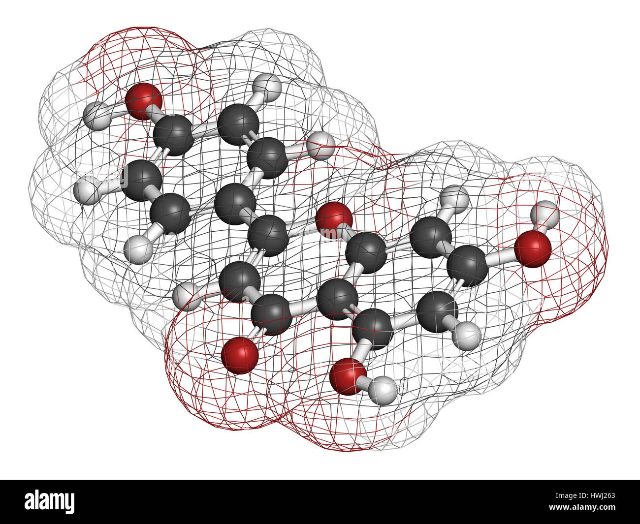 Apigenin yellow herbal dye molecule. 3D rendering. Atoms are ...