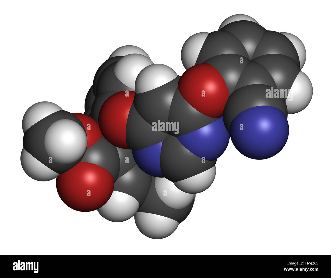 Azoxystrobin fungicide molecule. 3D rendering. Atoms are represented as ...