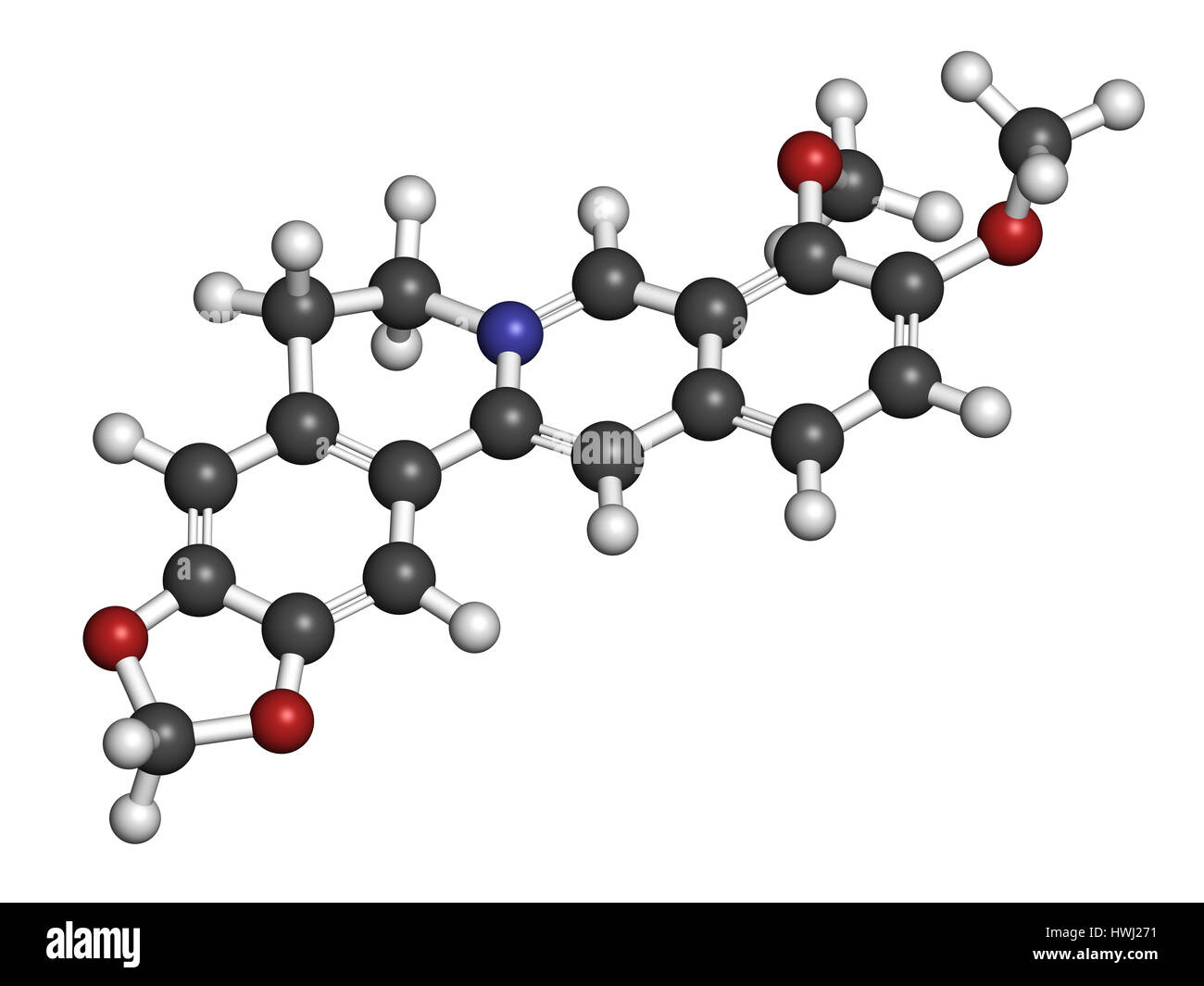 Berberine herbal medicine molecule. 3D rendering. Atoms are represented