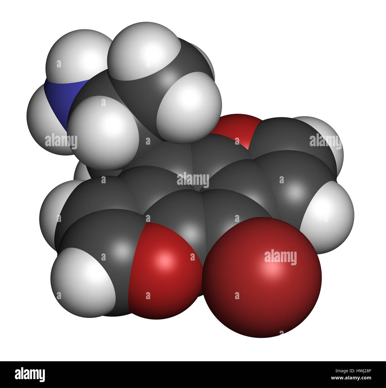 Bromo-dragonFLY hallucinogenic drug molecule. 3D rendering. Atoms are represented as spheres with conventional color coding: hydrogen (white), carbon  Stock Photo