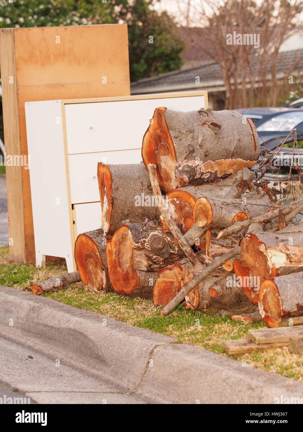 Hard rubbish on the road side in an residential area in Melbourne Stock