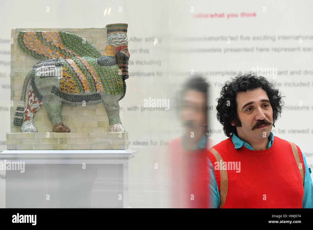 Michael Rakowitz with his design, The Invisible Enemy Should Not Exist, one of two commissions for Trafalgar Square's Fourth Plinth at the National Gallery in central London. Stock Photo