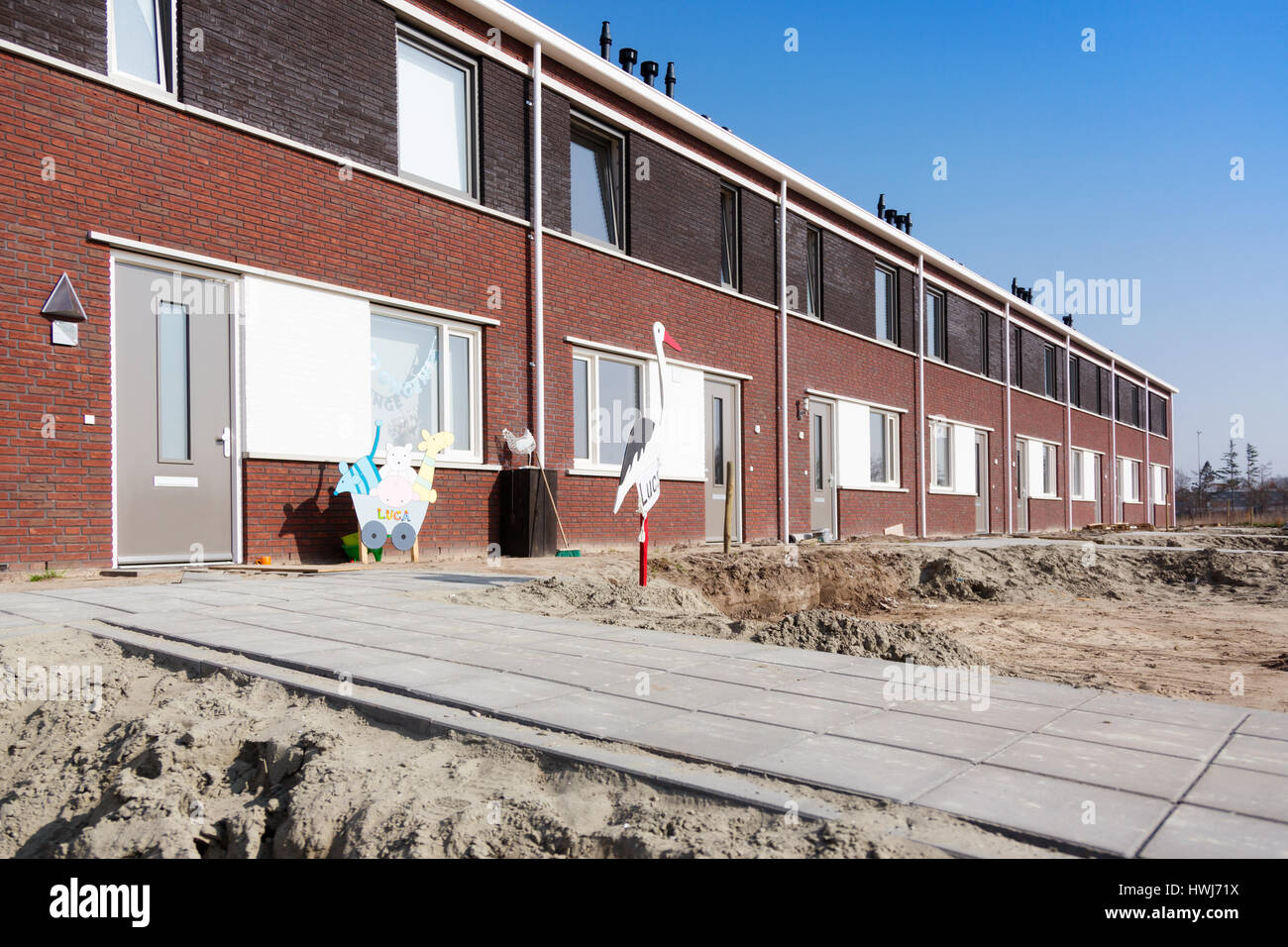 A row of new houses with stork in the Netherlands.A new resident is
