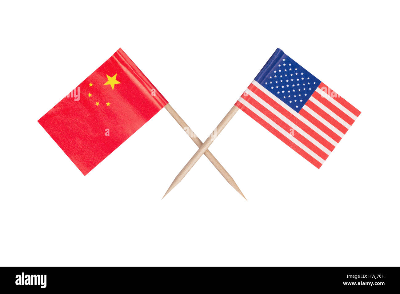 Crossed mini flag USA and China. Isolated on white background Stock Photo