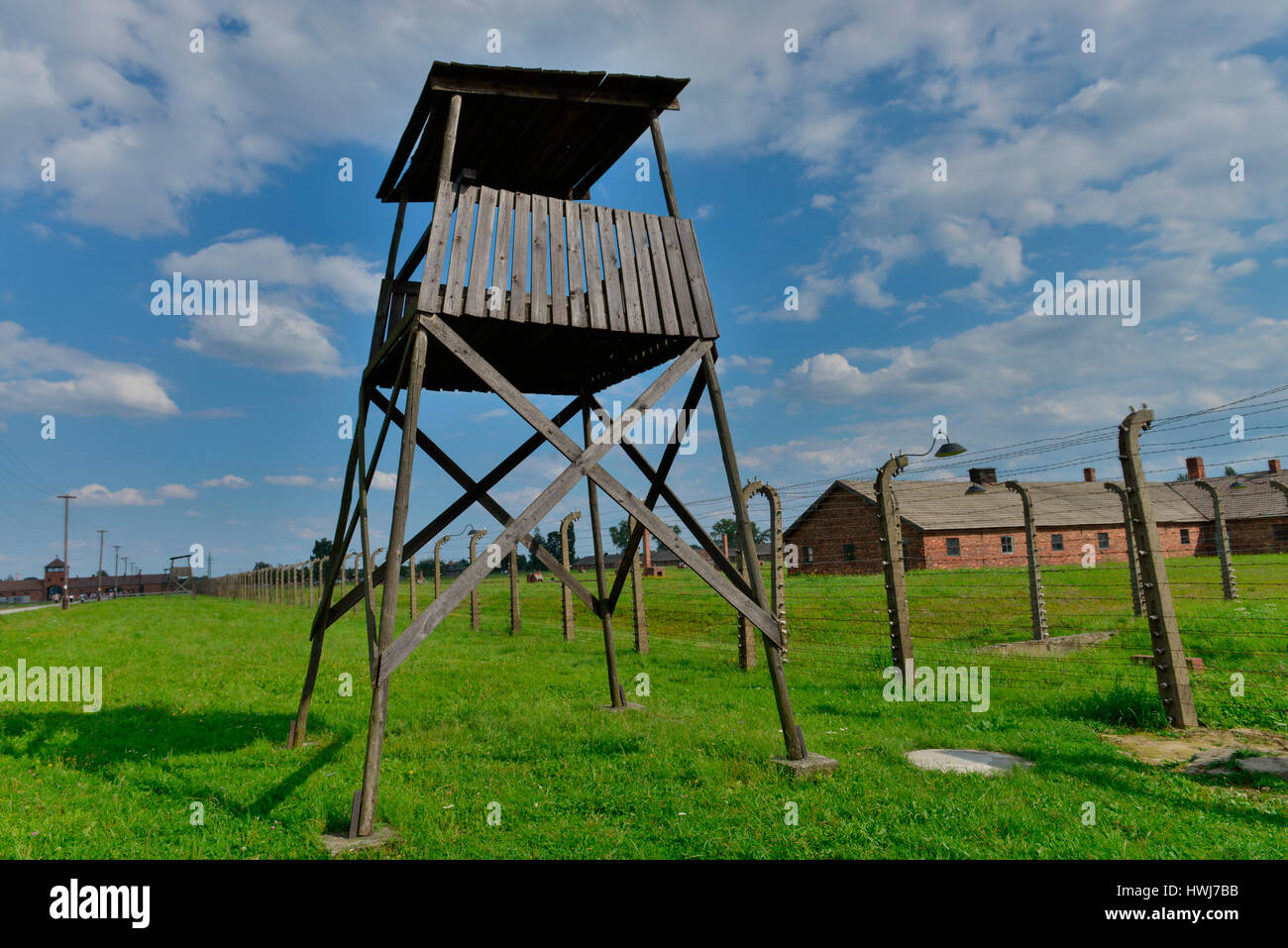 Wachturm, Baracke, Konzentrationslager, Auschwitz-Birkenau, Auschwitz, Polen Stock Photo