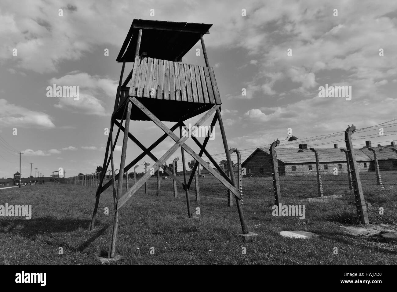 Wachturm, Baracke, Konzentrationslager, Auschwitz-Birkenau, Auschwitz, Polen Stock Photo
