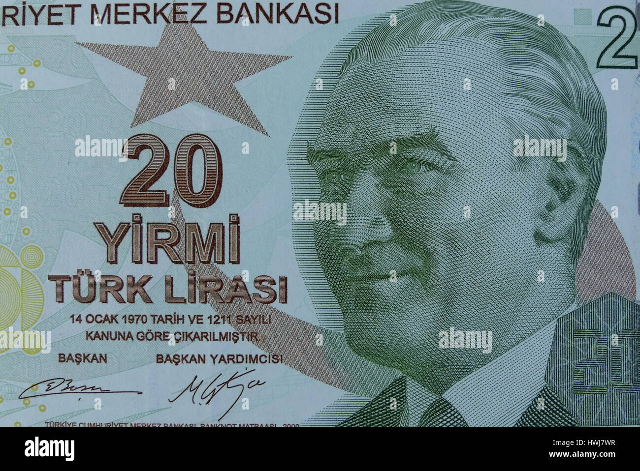 Closeup of Mustafa Kemal Ataturk on 20 Lira bank note. Stock Photo