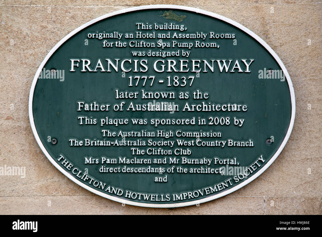 Plaque in honor of Francis Greenway in Bristol, England. Greenway is known as 'the father of Australian architecture'. Stock Photo