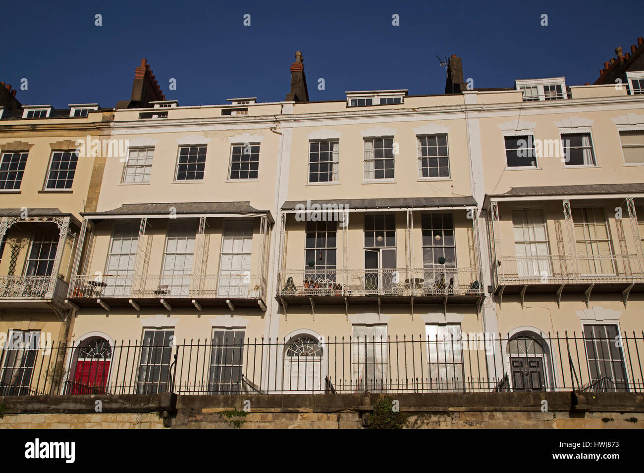 Facades of houses on Royal York Cresent in the Clifton district of