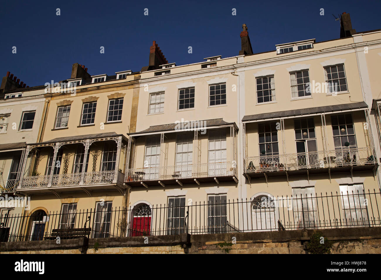 Facades of houses on Royal York Cresent in the Clifton district of