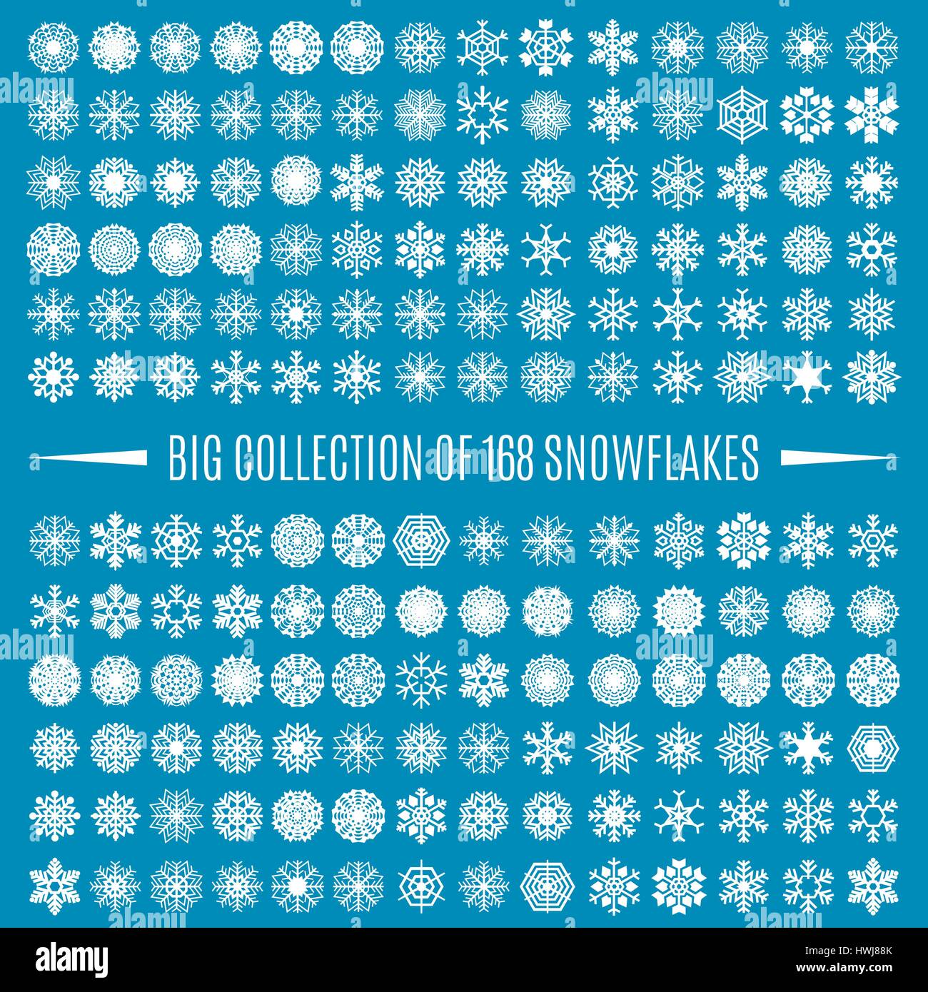 Big collection of white snowflakes, isolated on a blue background ...