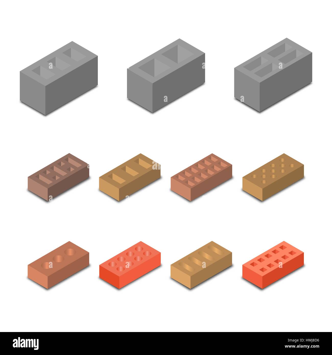Set isometric icon construction materials, various in form cinder blocks and bricks isolated on white background, vector illustration. Stock Vector