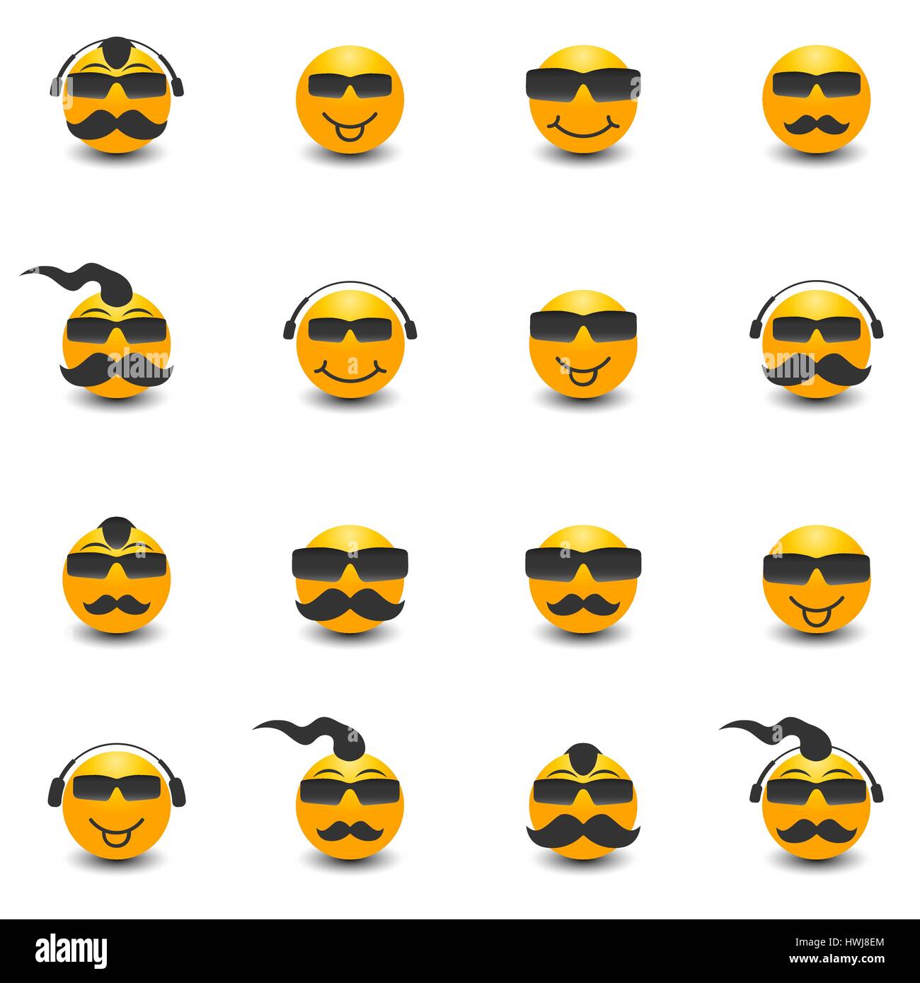 Funny face with a mustache, sunglasses, headphones, isolated on white