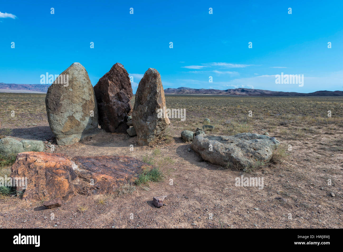 Ancient fireplace stones, Site of a 12th-century camp of Ghengis Khan and his troops, National Park Altyn-Emel, Almaty region, Kazakhstan, Central Asia Stock Photo