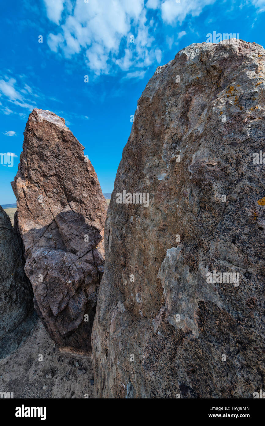 Ancient fireplace stones, Site of a 12th-century camp of Ghengis Khan and his troops, National Park Altyn-Emel, Almaty region, Kazakhstan, Central Asia Stock Photo