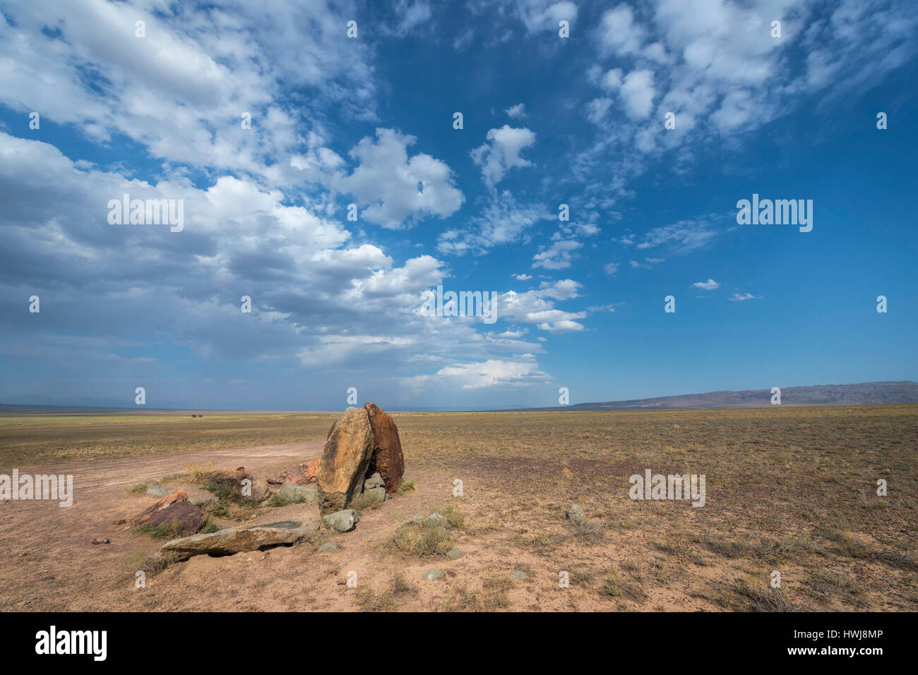 Ancient fireplace stones, Site of a 12th-century camp of Ghengis Khan and his troops, National Park Altyn-Emel, Almaty region, Kazakhstan, Central Asia Stock Photo