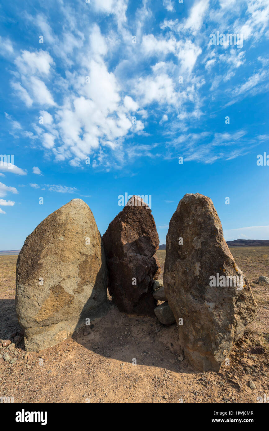 Ancient fireplace stones, Site of a 12th-century camp of Ghengis Khan and his troops, National Park Altyn-Emel, Almaty region, Kazakhstan, Central Asia Stock Photo
