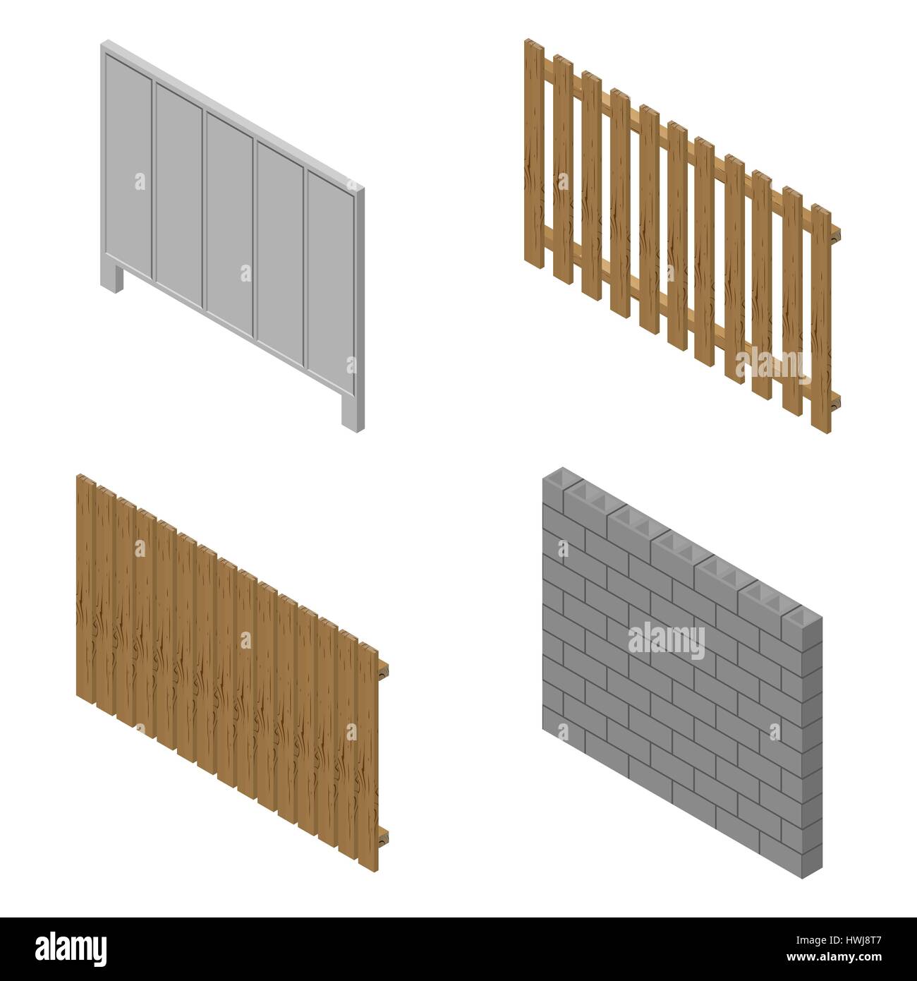 A set of isometric spans fences of various materials. Wood, concrete and cinder blocks. Isolated on white background. Elements of buildings and landsc Stock Vector