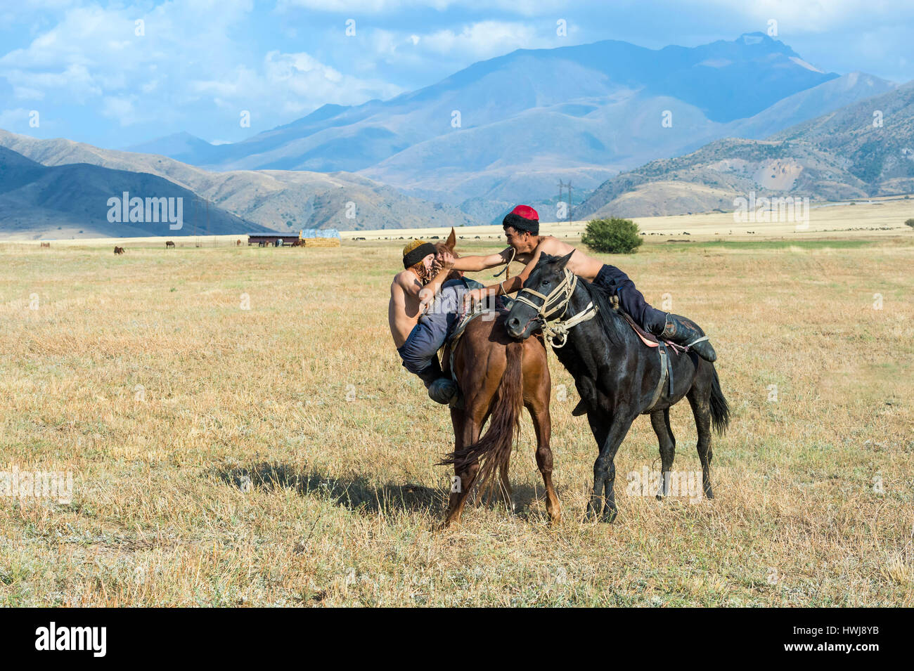 Atpen Audaraspak, Traditional Kazakh horseback arm wrestling game, Gabagly national park, Shymkent, South Region, Kazakhstan, Central Asia, For editorial use only Stock Photo