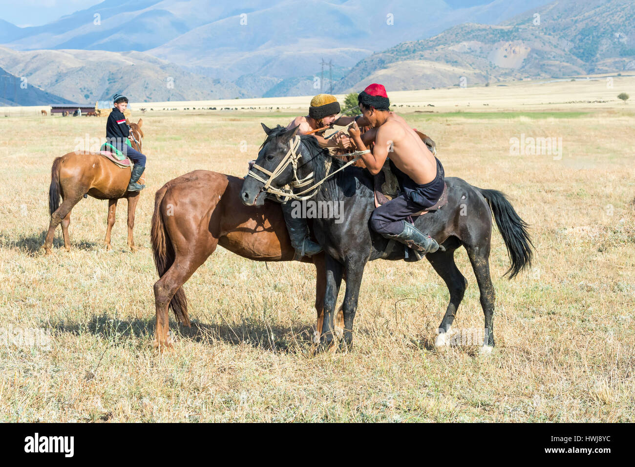 Atpen Audaraspak, Traditional Kazakh horseback arm wrestling game, Gabagly national park, Shymkent, South Region, Kazakhstan, Central Asia, For editorial use only Stock Photo