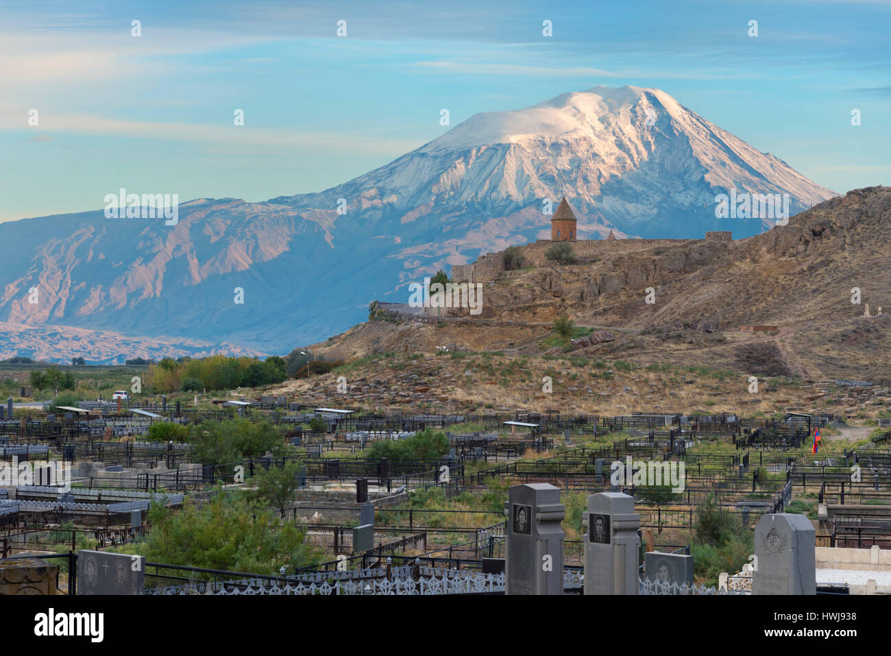 Khor Virap village cemetery with the Monastery and mount Ararat behind, Ararat Province, Armenia, Caucasus, Middle East, Asia Stock Photo