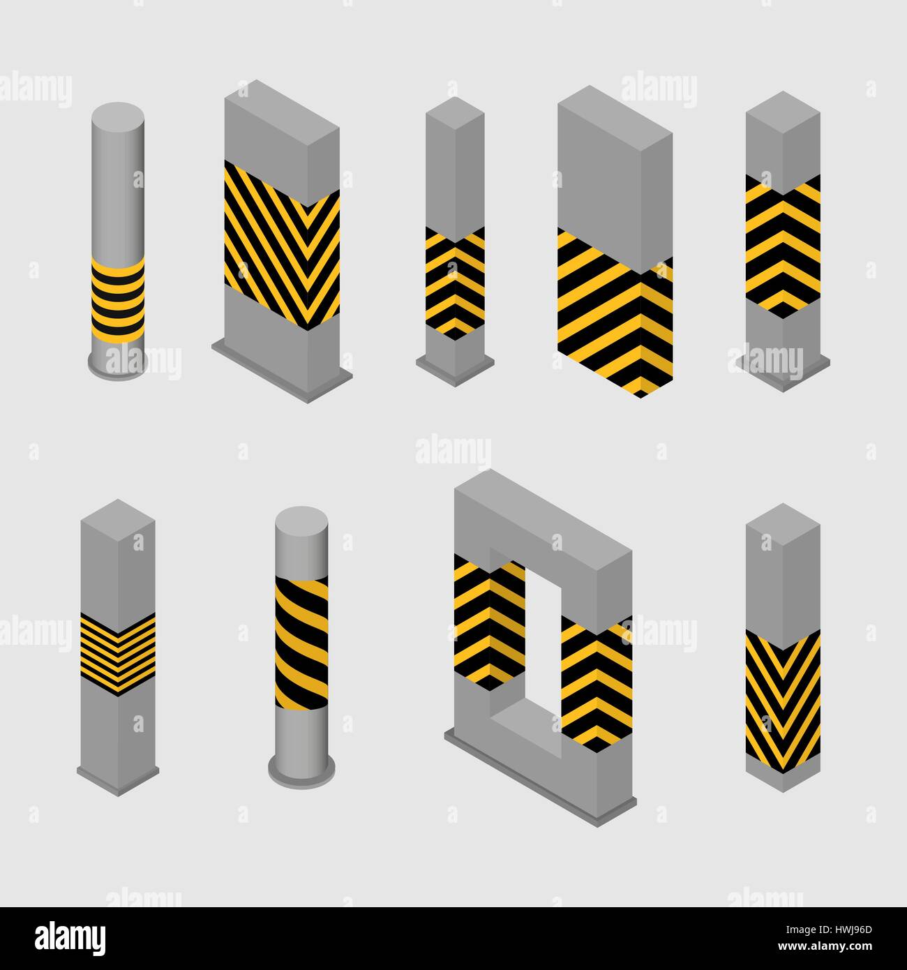 Set of different shape columns and pillars in an isometric style, isolated on white background. Design elements for building and architecture, vector  Stock Vector