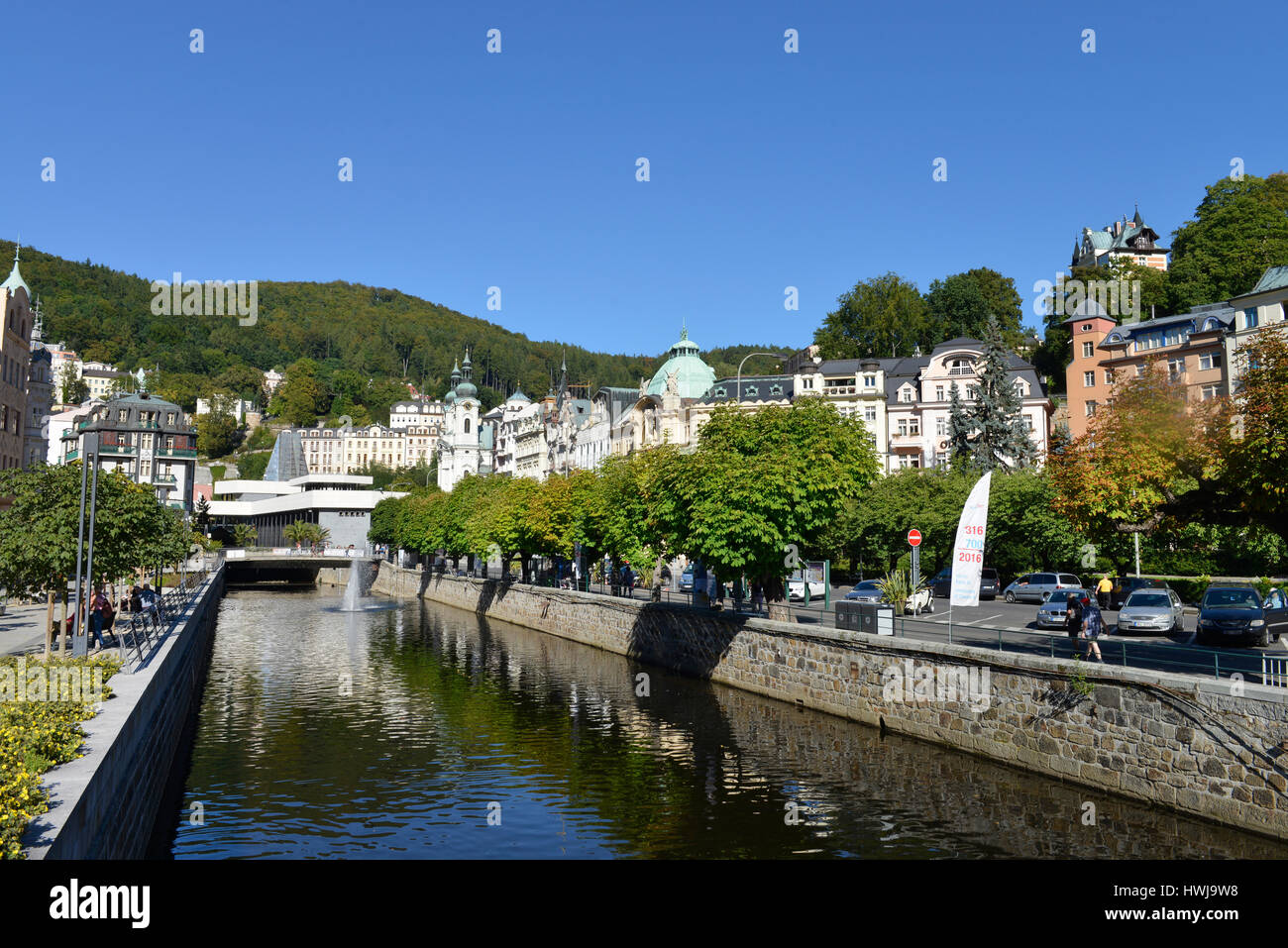 Altbauten, Fluss Tepla, Kurzentrum, Karlsbad, Tschechien Stock Photo