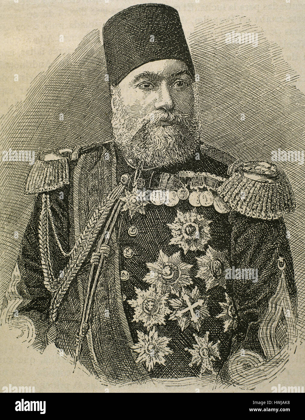 Osman Nuri Pasha, also Gazi Osman Pasha (1832-1900). Ottoman Turkish field marshal and the hero of the Siege of Plevna in 1877. Portrait. Engraving. Stock Photo