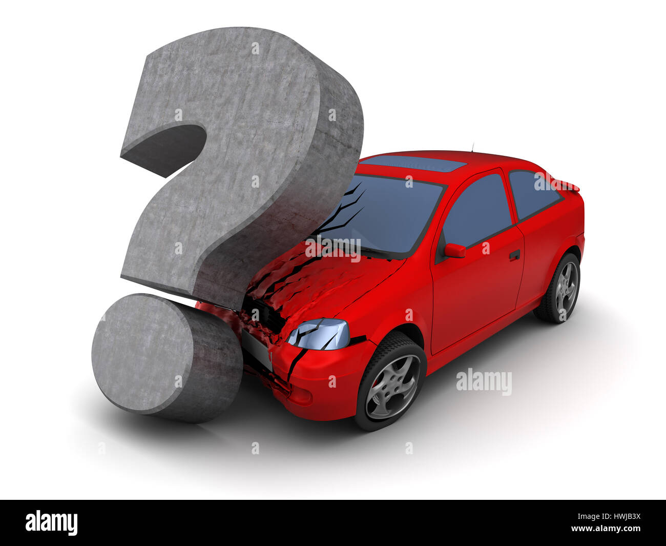 3d illustration of car collision with question mark, over white