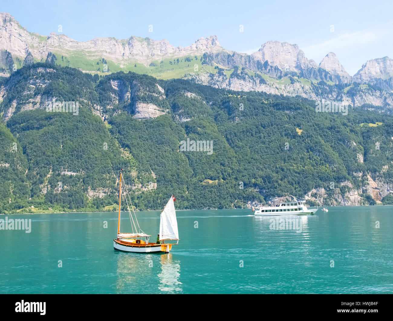 Walensee, boats crossing their path Stock Photo Alamy