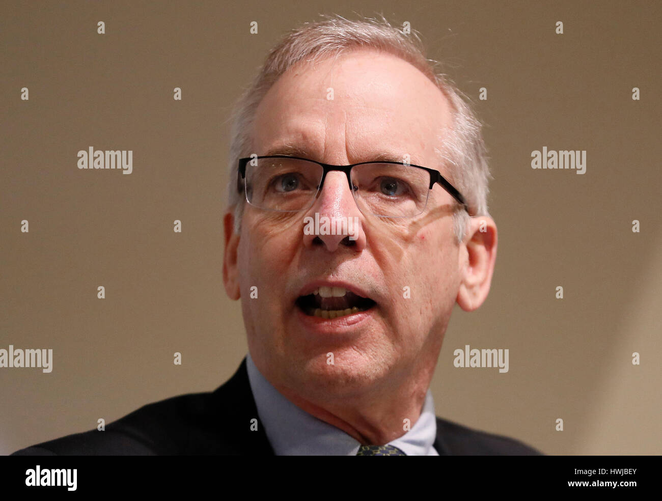 William C. Dudley, President and Chief Executive Officer of the Federal Reserve Bank of New York speaks during a panel discussion called 'Worthy of Trust? Law, Ethics and Culture in Banking', at The Bank of England in London. Stock Photo