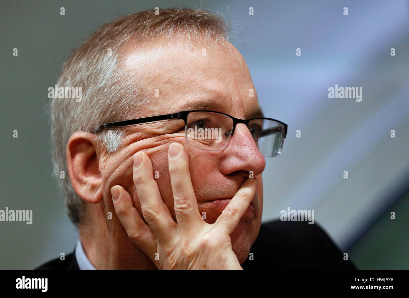 William C. Dudley, President and Chief Executive Officer of the Federal Reserve Bank of New York listens during a panel discussion called 'Worthy of Trust? Law, Ethics and Culture in Banking', at The Bank of England in London. Stock Photo
