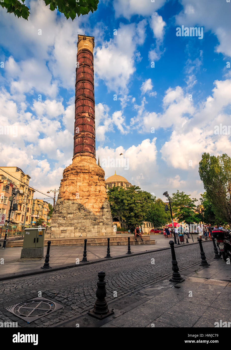 ISTANBUL, TURKEY - AUGUST 18, 2015: Column of Constantine the most important examples of Roman art in Istanbul. Old monument is located along Divan Yo Stock Photo