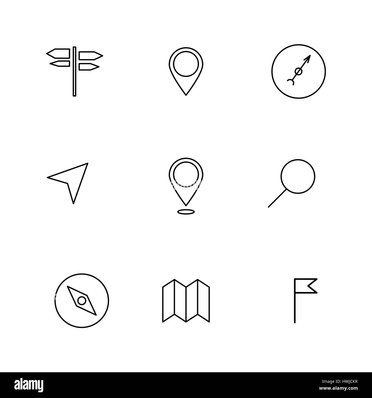 Set of navigation icons of thin lines, isolated on white background