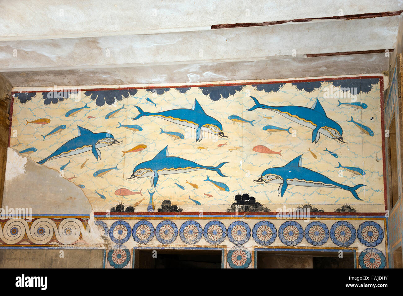 Frescoes, Dolphins wall painting, Palace of the Minoans, Knossos, Crete, Greece Stock Photo