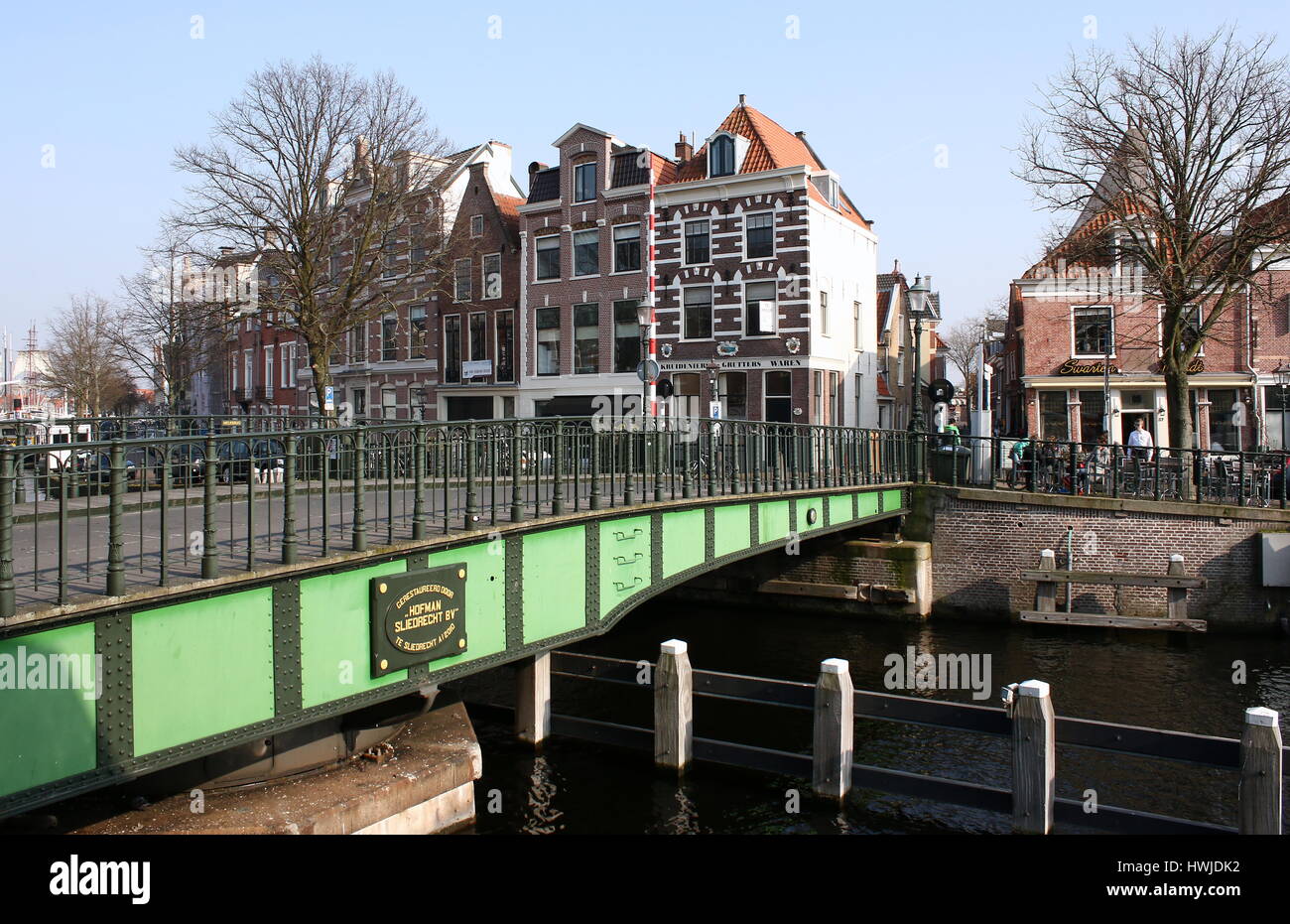 Melkbrug (Milk Bridge), late 19th century cast iron bridge over Spaarne river in central Haarlem, The Netherlands, Stock Photo