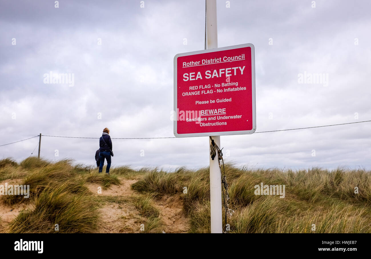 Rother District Council Sea Safety warning notice sand at Camber Sands East Sussex UK Stock Photo